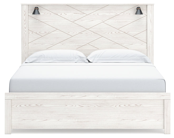 Cama con paneles Gerridan, cómoda con espejo y arcón