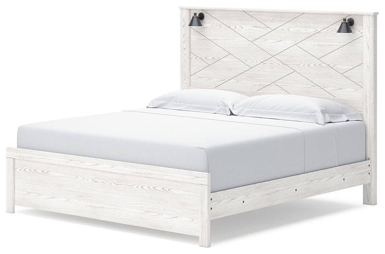 Cama con paneles Gerridan, cómoda con espejo y arcón
