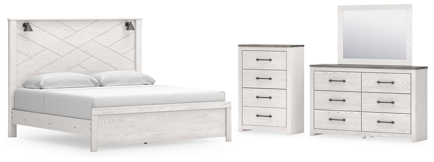 Cama con paneles Gerridan, cómoda con espejo y arcón