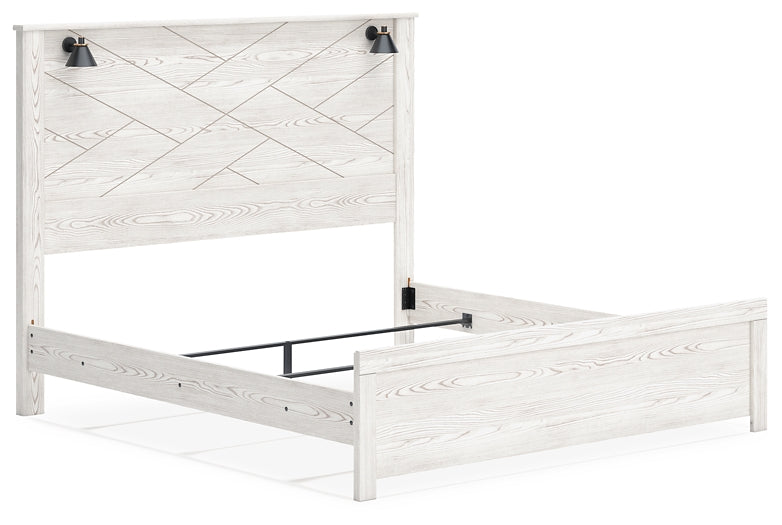 Cama con paneles Gerridan, cómoda con espejo y arcón