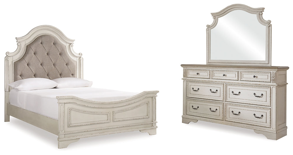 Cama tapizada Realyn con paneles y tocador con espejo