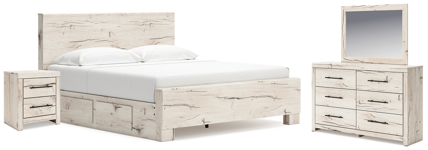 Cama con paneles Lawroy, tocador con espejo y mesita de noche