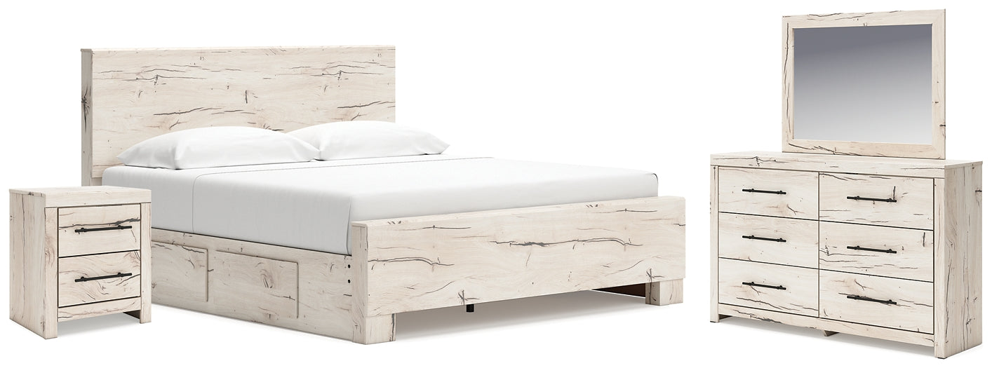 Cama con paneles Lawroy, tocador con espejo y mesita de noche