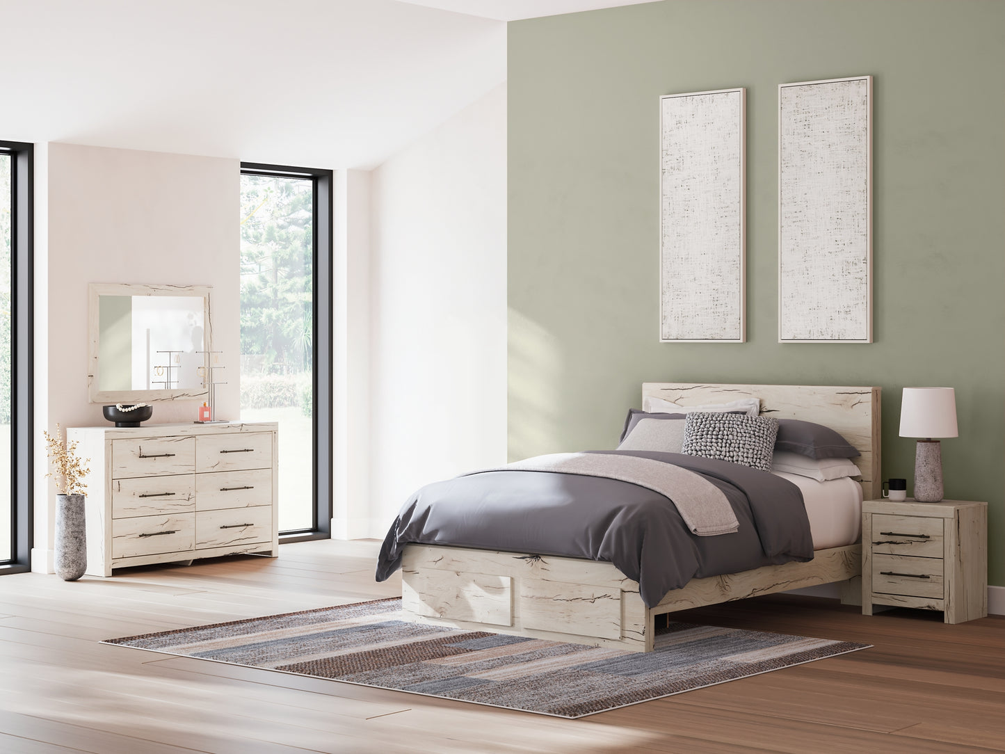 Cama con almacenamiento Lawroy, tocador con espejo y mesita de noche