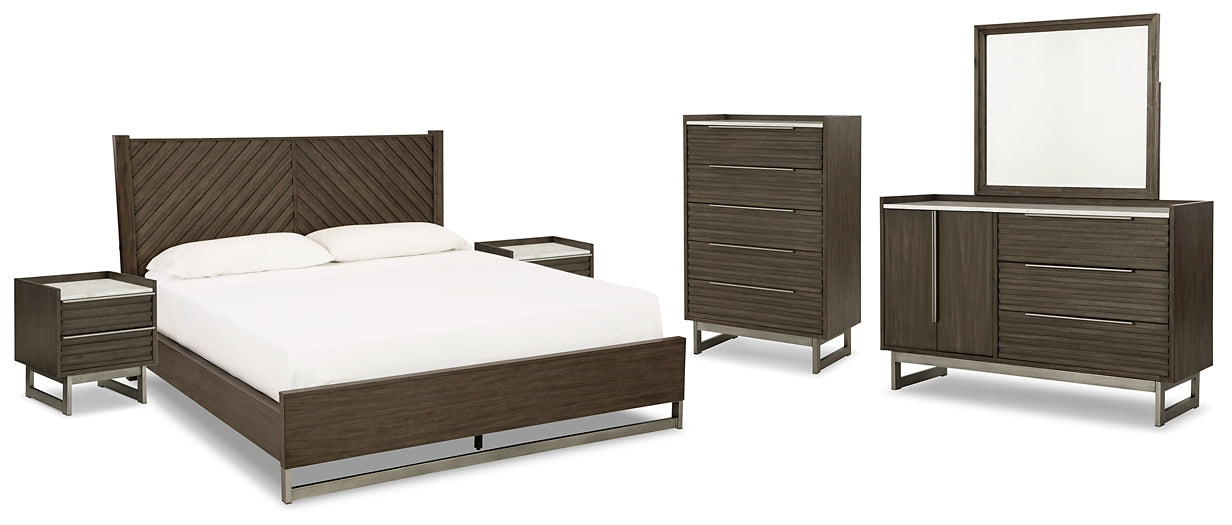 Arkenton California Panel Bed With Mirrored Dresser, Chest And 2 Nightstands