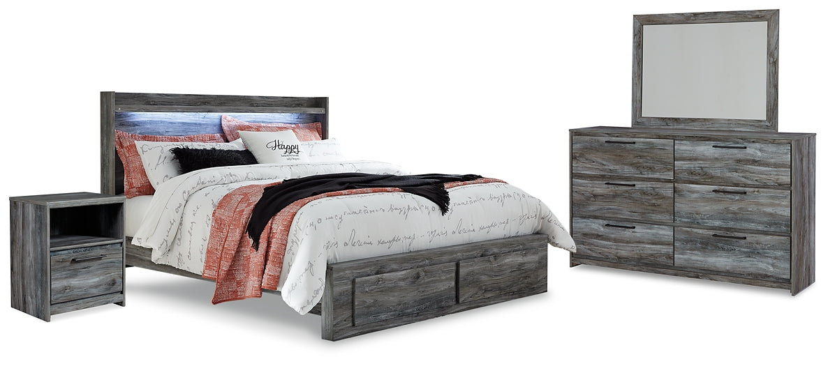 Cama Baystorm con dos cajones, cómoda con espejo y mesita de noche