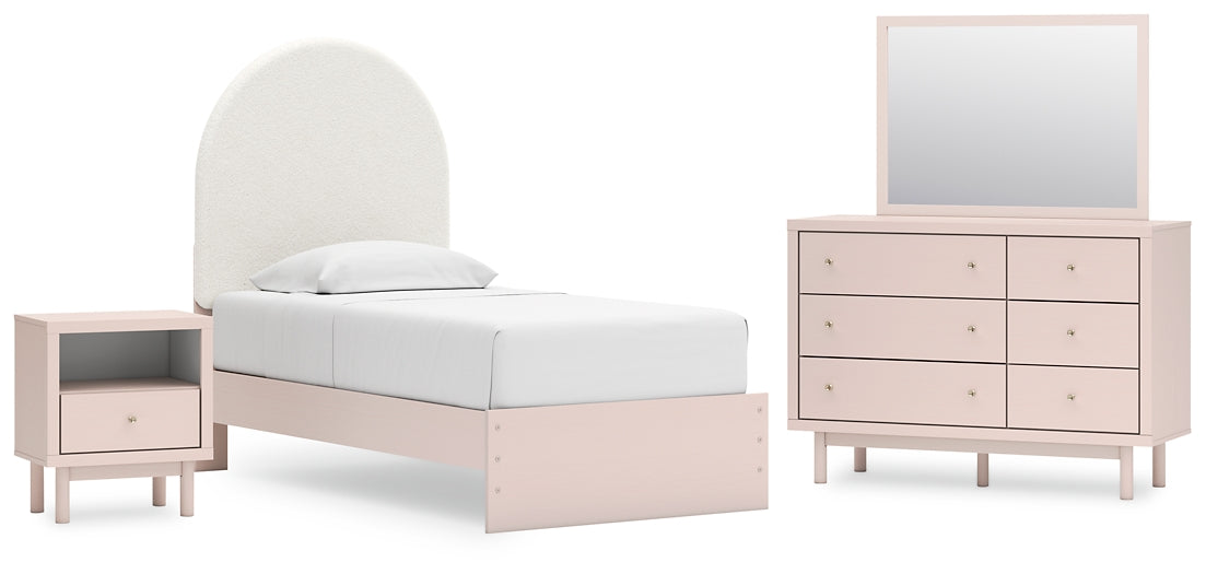 Cama tapizada Wistenpine con tocador y mesita de noche con espejo