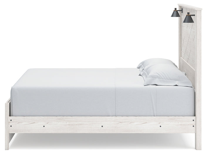 Cama con paneles Gerridan, cómoda con espejo y arcón
