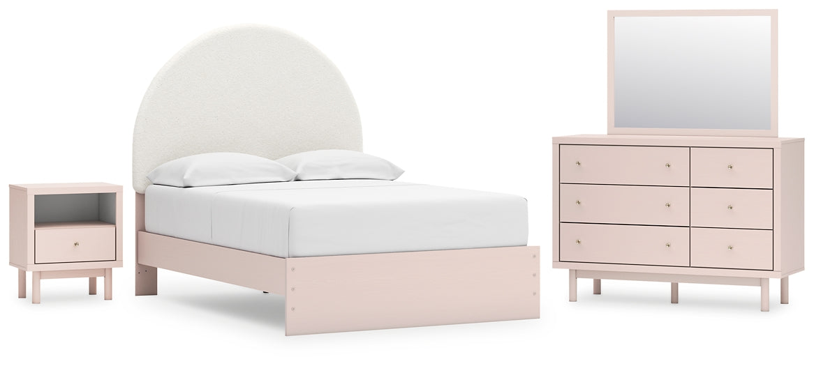 Cama tapizada Wistenpine con tocador y mesita de noche con espejo