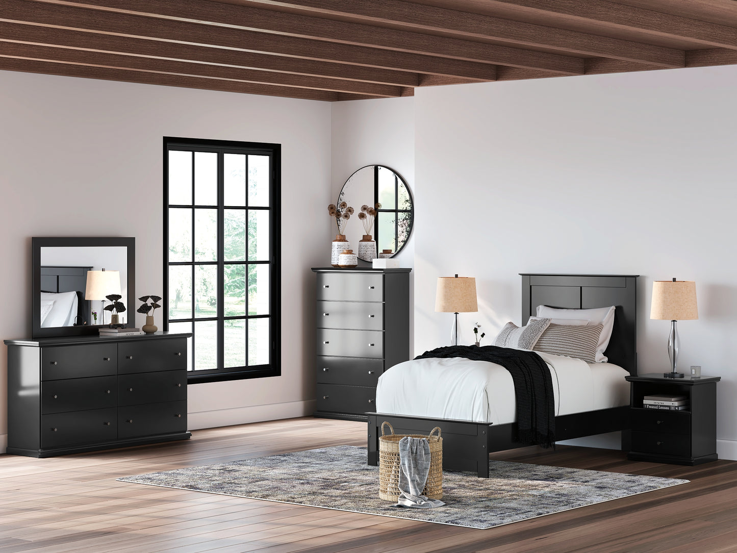 Panel Bed With Mirrored Dresser And Nightstand