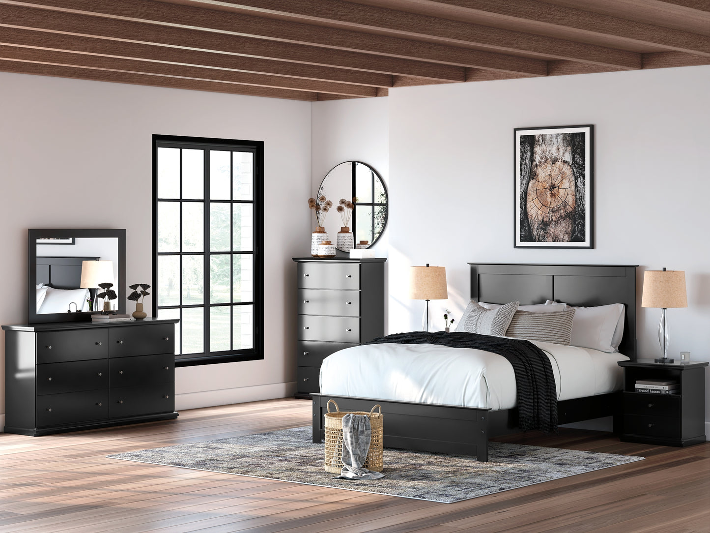 Panel Bed With Mirrored Dresser