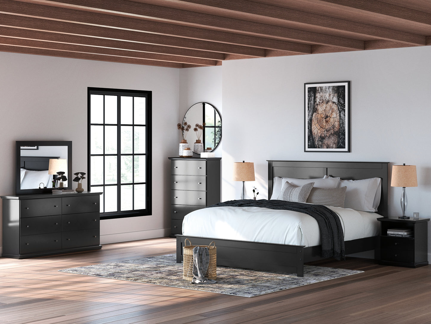 Panel Bed With Mirrored Dresser And Nightstand