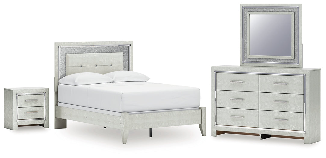 Zyniden Upholstered Panel Bed With Mirrored Dresser And Nightstand