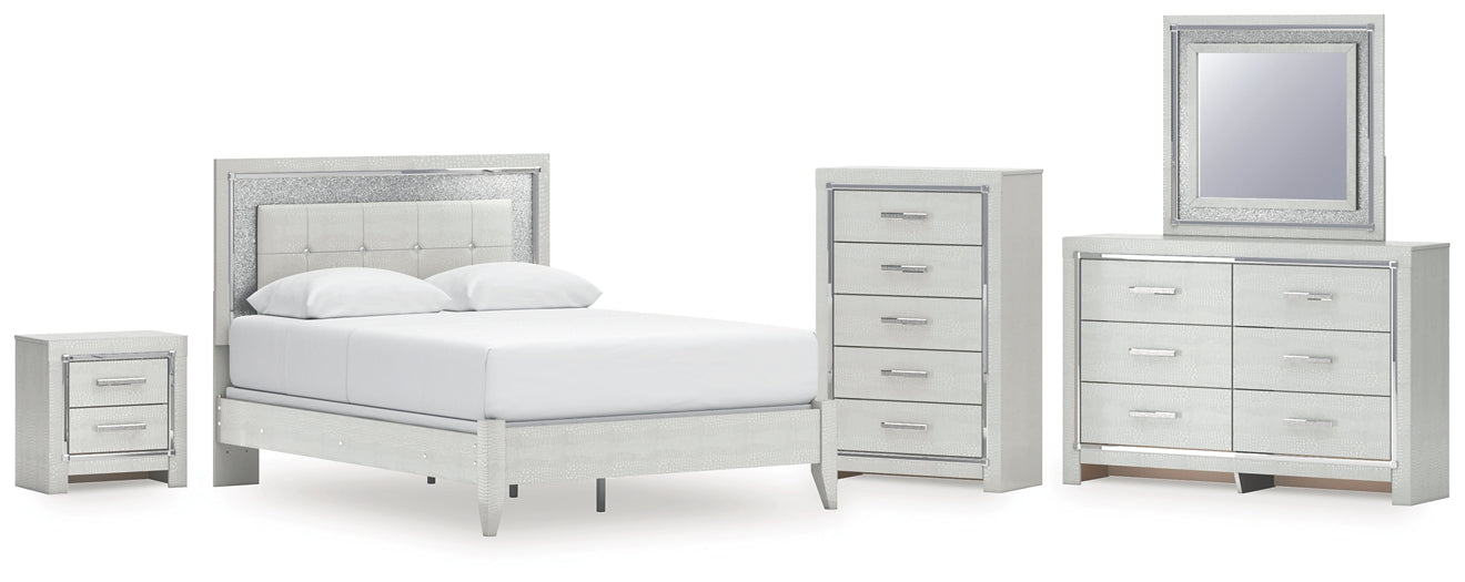 Zyniden Upholstered Panel Bed With Mirrored Dresser, Chest And Nightstand