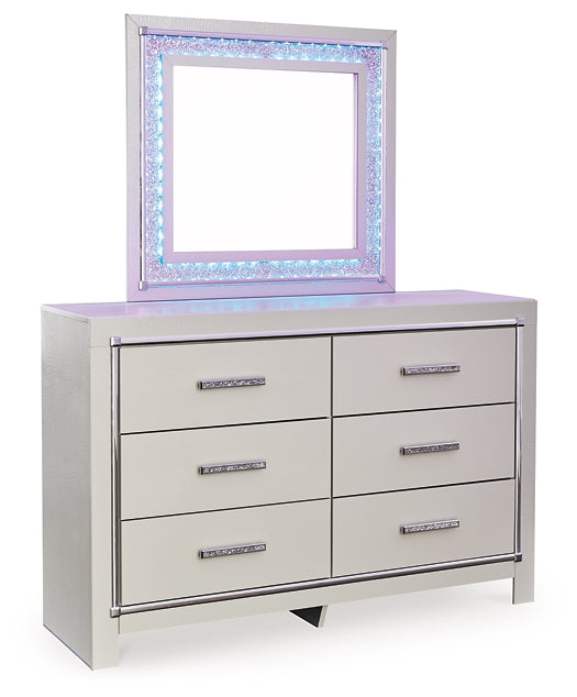 Zyniden Upholstered Panel Bed With Mirrored Dresser And Chest