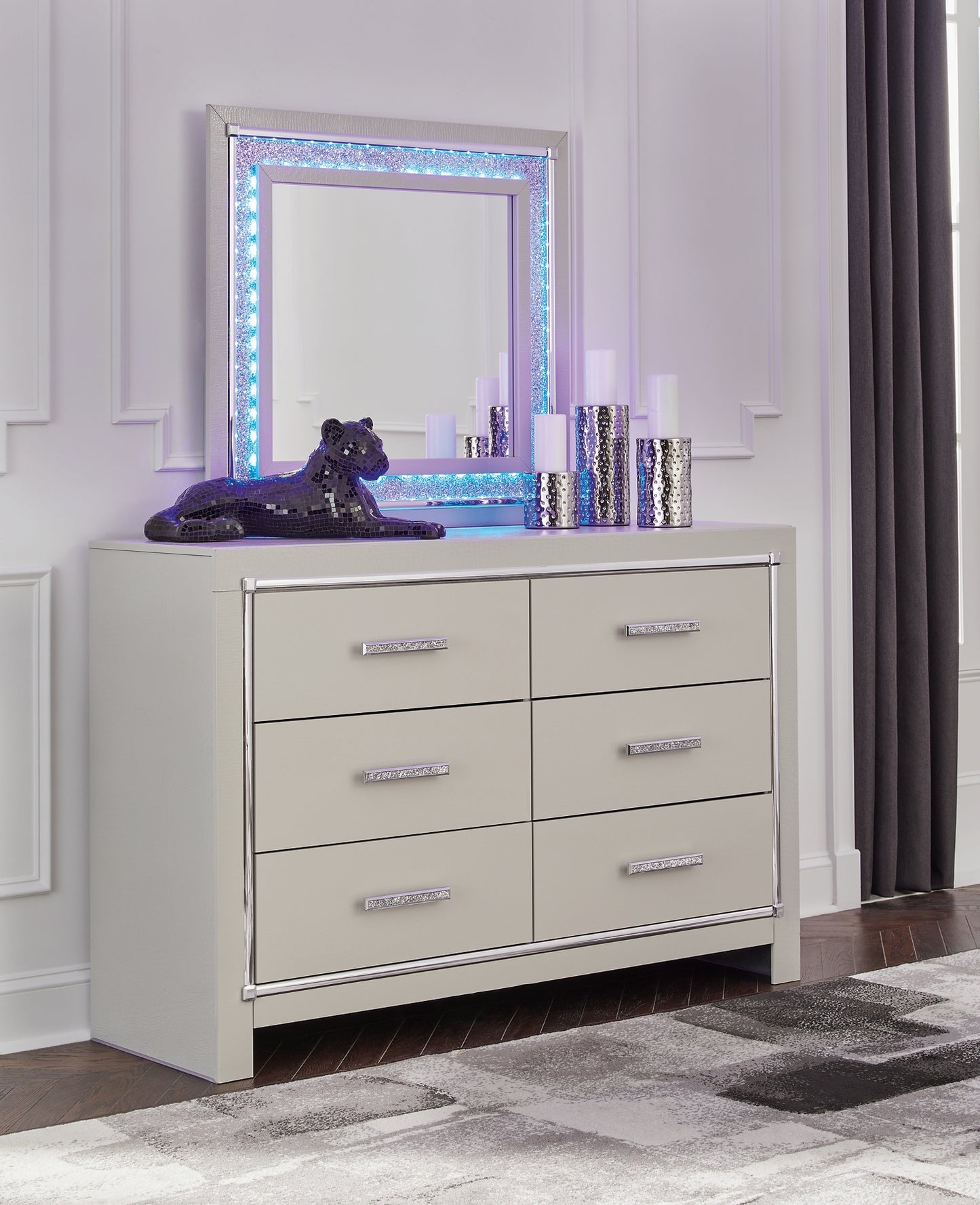 Zyniden Upholstered Panel Bed With Mirrored Dresser And Chest
