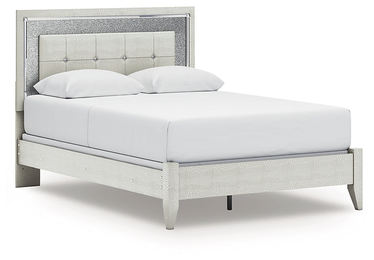 Zyniden Upholstered Panel Bed With Mirrored Dresser And Chest