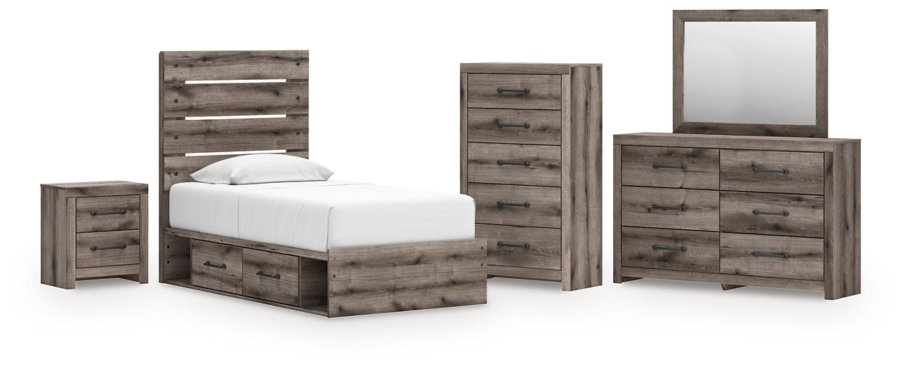 Graystorm Panel Bed With Storage With Mirrored Dresser, Chest And Nightstand