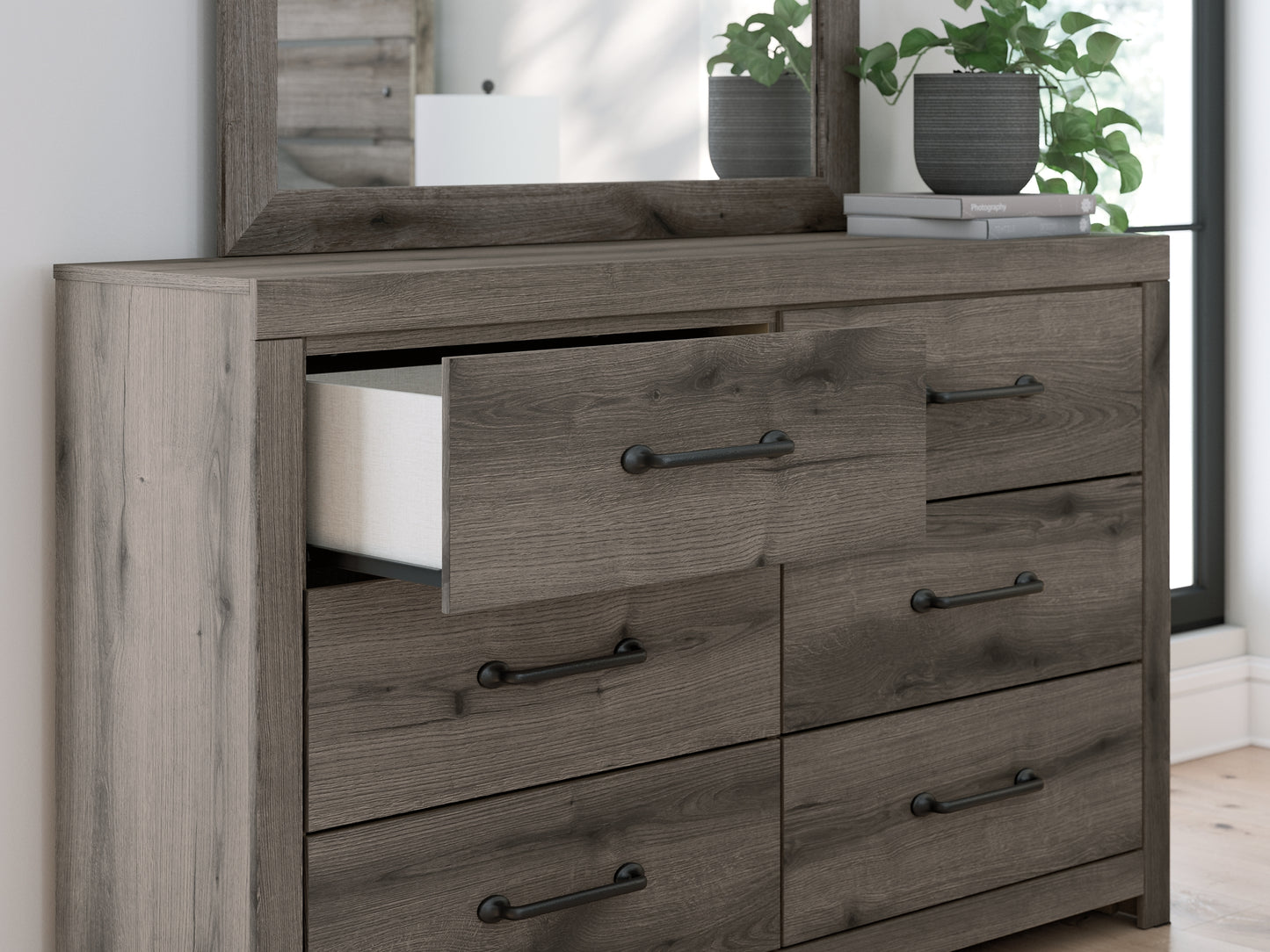 Graystorm Panel Bed With Storage With Mirrored Dresser