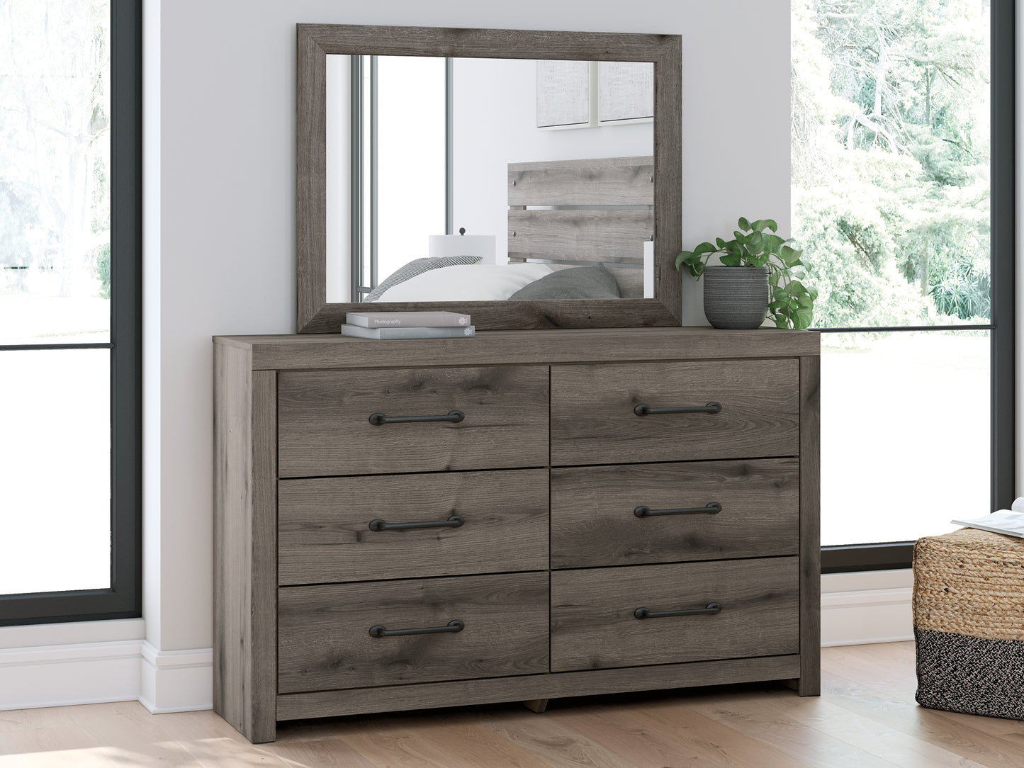 Graystorm Panel Bed With Storage With Mirrored Dresser And Nightstand