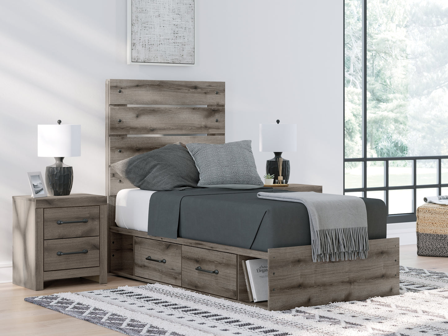 Graystorm Panel Storage Bed With Mirrored Dresser And Nightstand