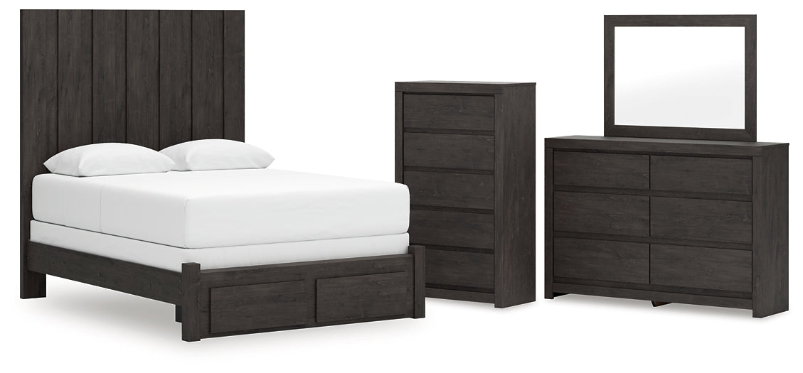 Panel Storage Bed With Mirrored Dresser And Chest