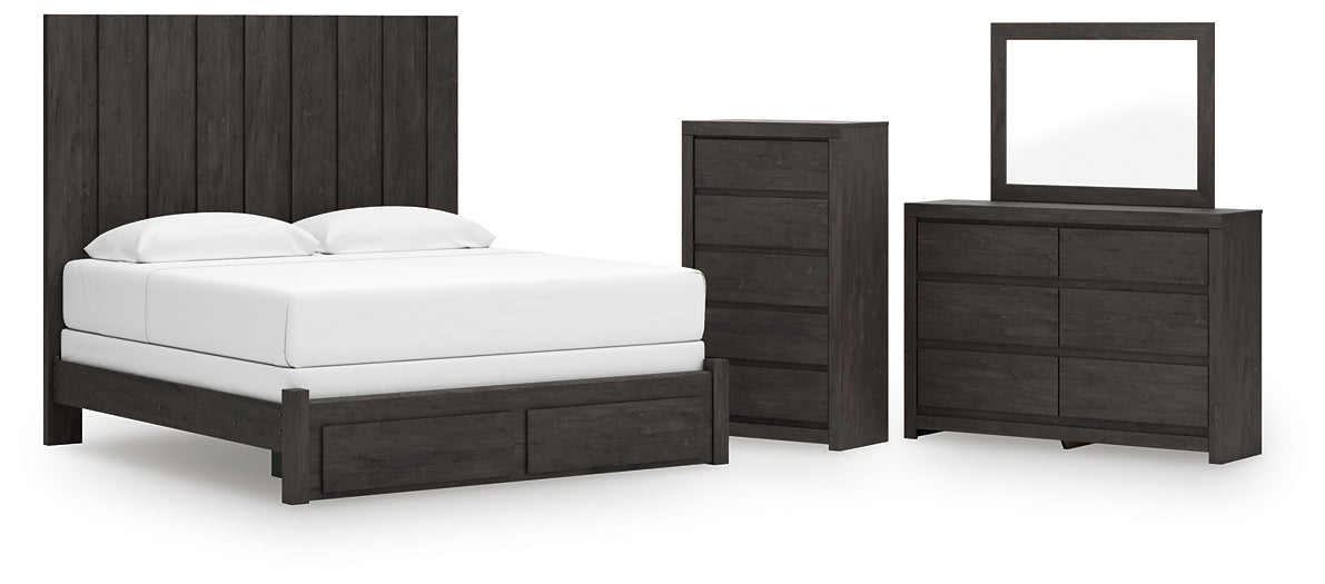 Panel Storage Bed With Mirrored Dresser And Chest
