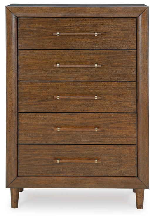 Lyncott California Upholstered Bed With Mirrored Dresser And Chest