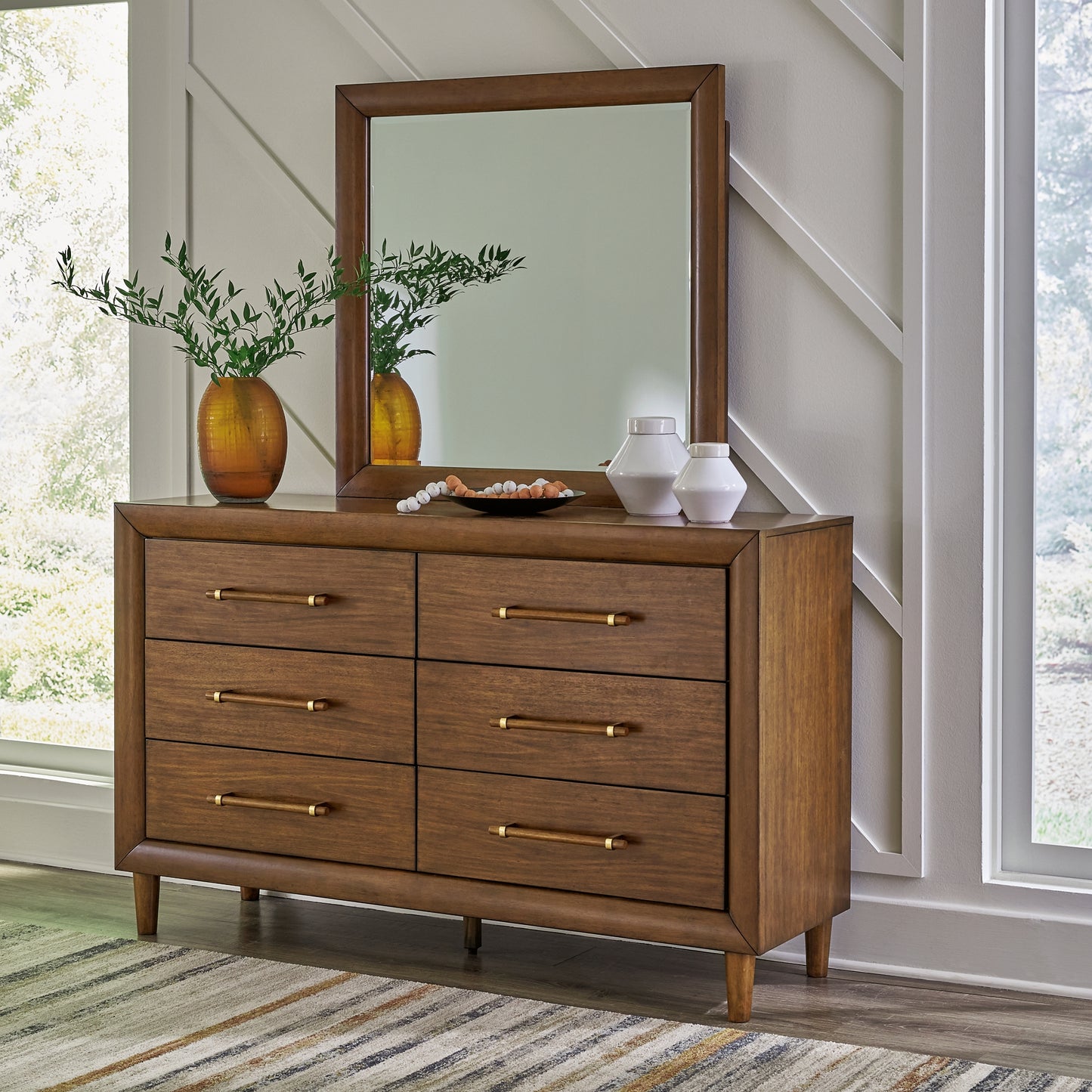 Lyncott California Upholstered Bed With Mirrored Dresser And Chest