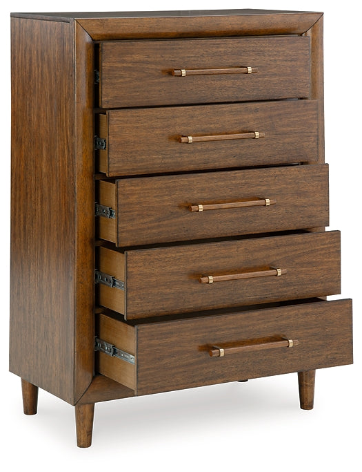 Lyncott California Upholstered Bed With Mirrored Dresser And Chest