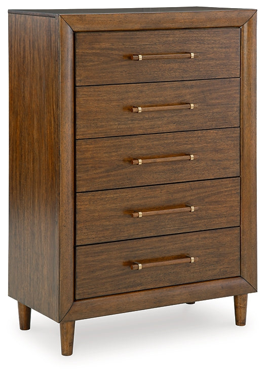 Lyncott California Upholstered Bed With Mirrored Dresser And Chest