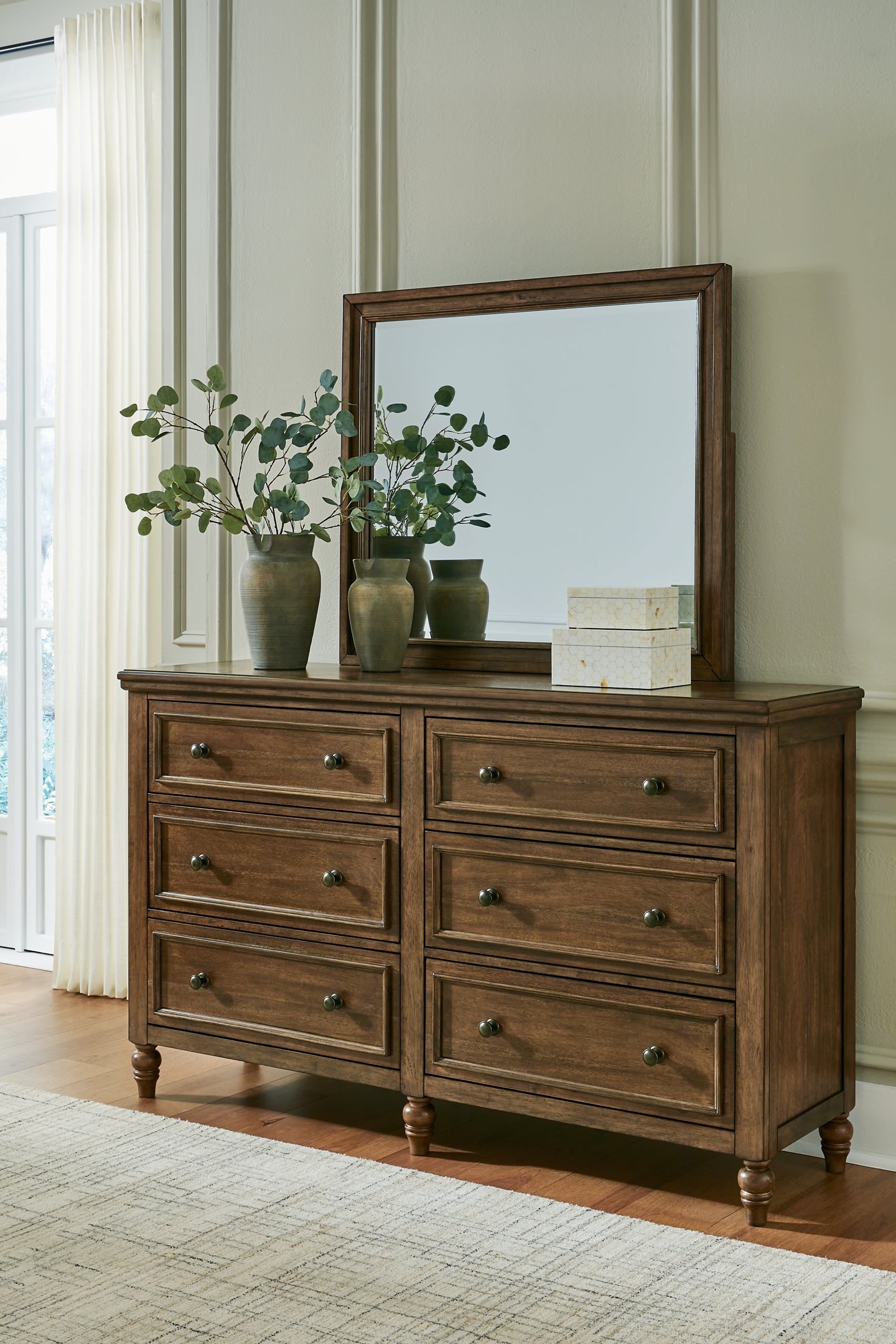 Sturlayne Upholstered Panel Bed With Mirrored Dresser And Chest