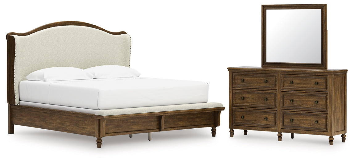 Sturlayne Upholstered Panel Bed With Mirrored Dresser