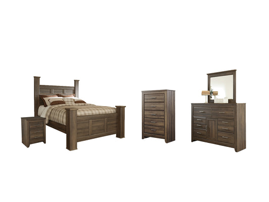 Juararo Poster Bed With Mirrored Dresser, Chest And Nightstand