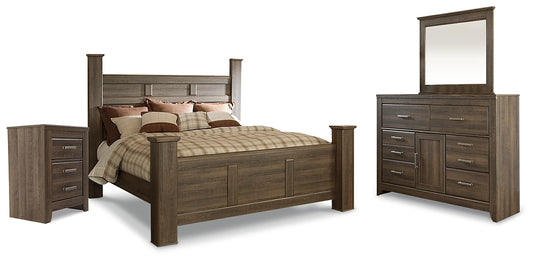 Juararo Poster Bed With Mirrored Dresser And Nightstand