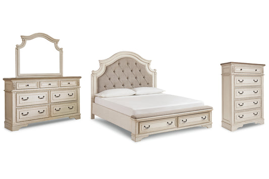 Realyn California Upholstered Bed With Mirrored Dresser And Chest