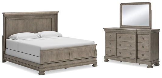Lexorne California Sleigh Bed With Mirrored Dresser