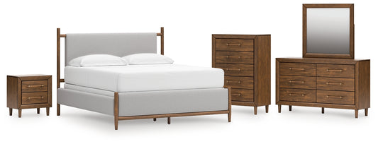 Lyncott California Upholstered Bed, Dresser, Mirror, Chest And Nightstand