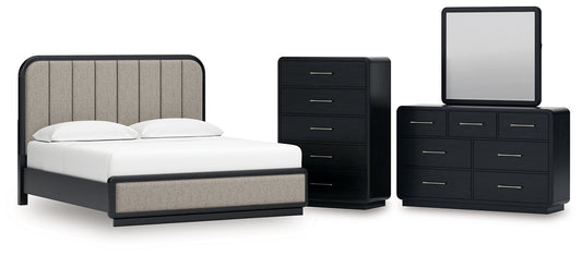 Rowanbeck Upholstered Panel Bed With Mirrored Dresser And Chest