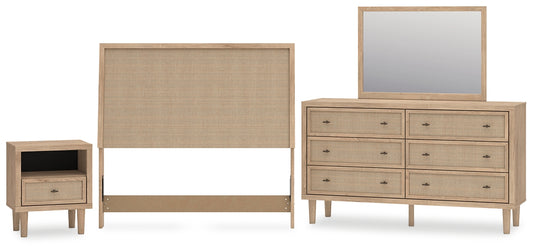 Cielden Upholstered Panel Bed With Mirrored Dresser And Nightstand