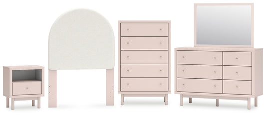 Wistenpine Upholstered Panel Headboard With Mirrored Dresser, Chest And Nightstand