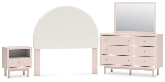 Wistenpine Upholstered Panel Headboard With Mirrored Dresser And Nightstand