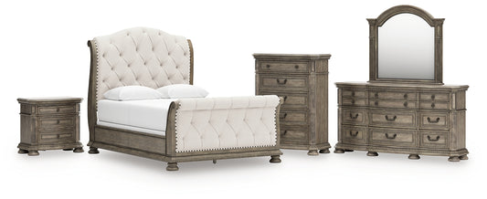 Ardenfield Upholstered Sleigh Bed With Mirrored Dresser, Chest And Nightstand