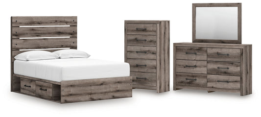 Graystorm Panel Bed With Storage With Mirrored Dresser And Chest