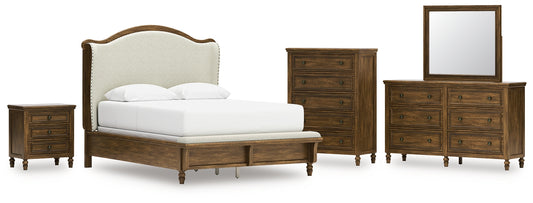 Sturlayne Upholstered Panel Bed With Mirrored Dresser, Chest And Nightstand