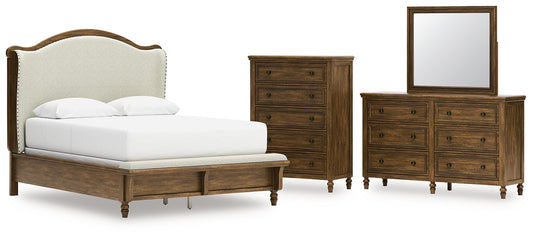 Sturlayne Upholstered Panel Bed With Mirrored Dresser And Chest
