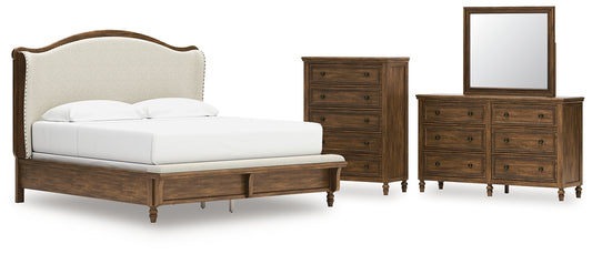 Sturlayne Upholstered Panel Bed With Mirrored Dresser And Chest