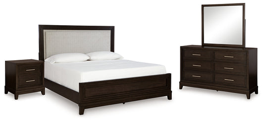 Neymorton California Upholstered Panel Bed With Mirrored Dresser And Nightstand
