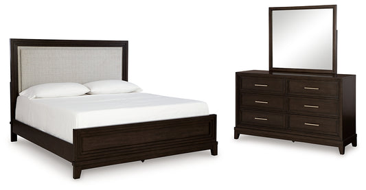 Neymorton California Upholstered Panel Bed With Mirrored Dresser