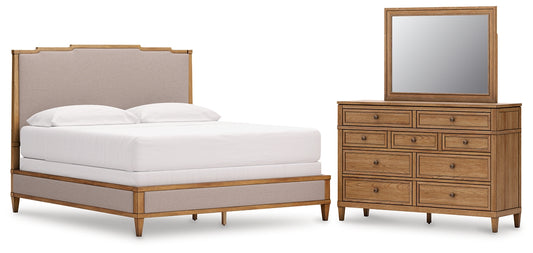 Sharlance California Upholstered Panel Bed With Mirrored Dresser